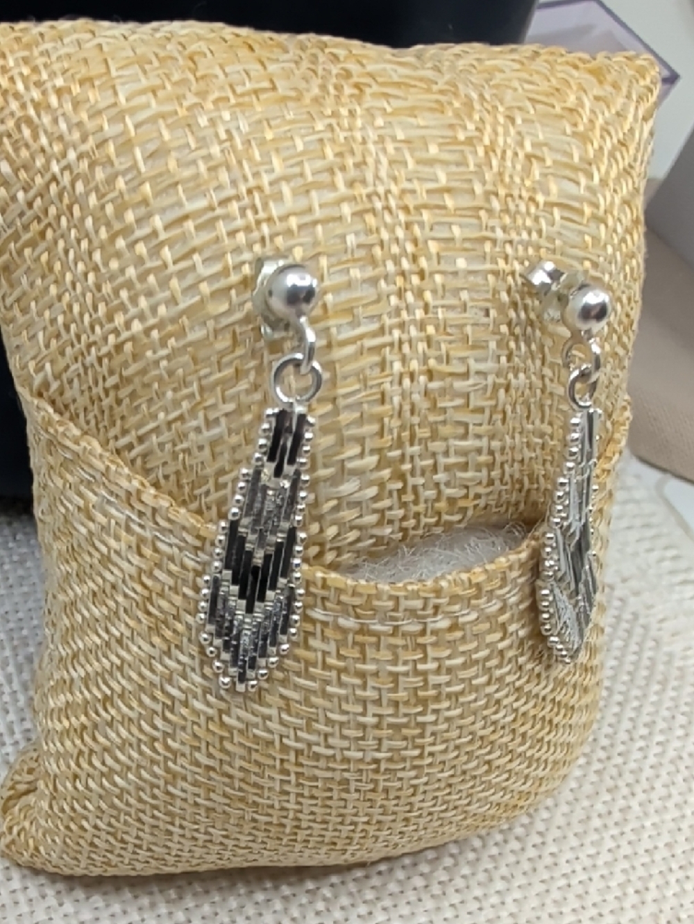 Vintage 925 Italy Sterling Silver Woven Mesh Geometric Drop Earrings Ball Stud - Picture 6 of 17